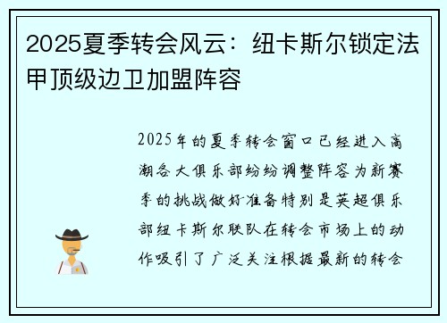2025夏季转会风云：纽卡斯尔锁定法甲顶级边卫加盟阵容