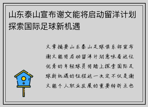 山东泰山宣布谢文能将启动留洋计划探索国际足球新机遇